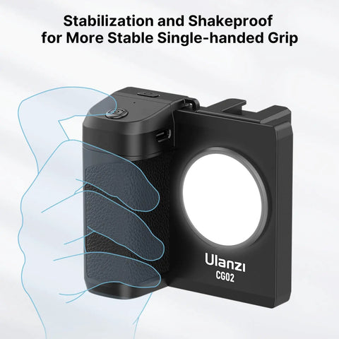 Grip Holder For Smartphone With Remote Shutter Tripod Mount And Removable Ring Light shown with stabilization feature.