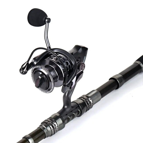 Close-up of the spinning reel on the Travel Ready Telescopic Fishing Rod Combo With Spinning Reel And Carrier Bag Includes Lures And Line For Saltwater And Freshwater Angling Kit Grab And Go 1.8M Telescopic Pole For Easy Travel.