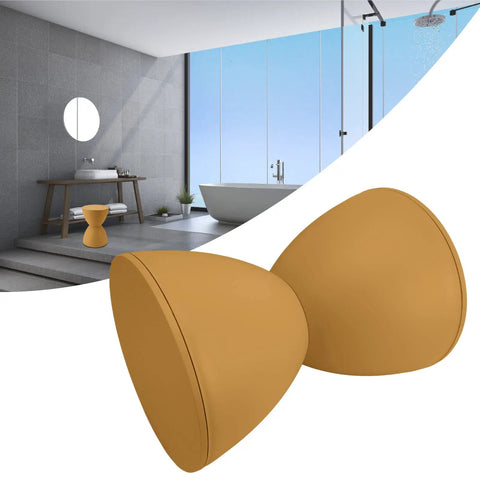 Totally Legit Go To Upgrade Your Living Room Featuring This Premium Hourglass Side Table Doubling As A Round Accent Stool Fully Versatile Dual Sided Plastic Design Built For Chill Vibes Makeup Sessions Or Casual Shoe Changing In Ginger in a modern bathroom setting.