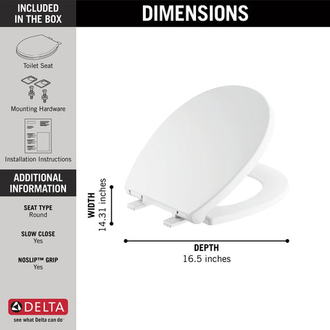 Round Front Slow Close Toilet Seat With Non Slip Bumpers, Fits Most Round Front Toilets, Quiet Close, White Finish, Dimensions