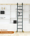 Built Like A Tank Heavy Duty Sliding Ladder Rail Kit With Smooth Carbon Steel Track For Library Loft Spaces mounted on shelves.