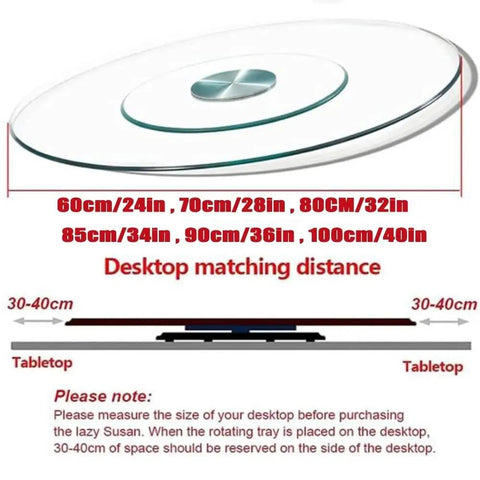 Diagram of Rotating Serving Tray 40 Inch Lazy Susan Turntable for Kitchen And Dining Table showing size options and desktop clearance.