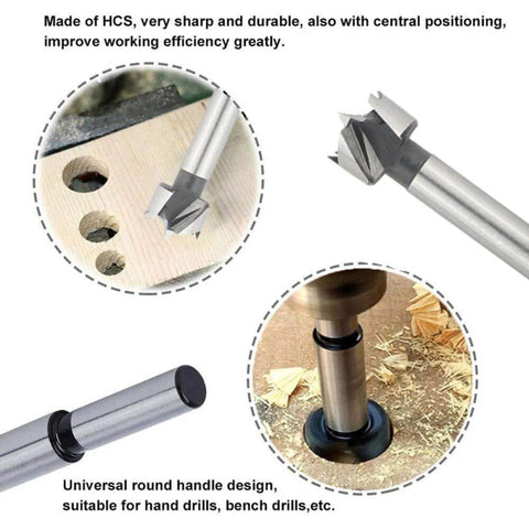 Amazon woodworking hinge-boring drill bits set, self-centering, 6–72 mm sizes, metal tools (front/side/close-up views)