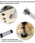 Set of self-centering hinge bore drill bits for wood; silver metal, 6–12 mm sizes for hand or benchtop drills