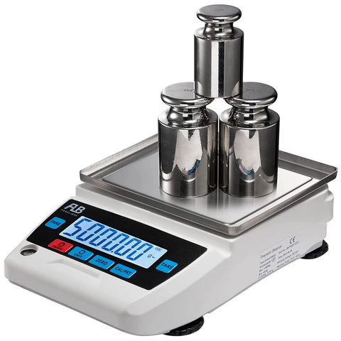Ultra Accurate Lab Scale 5000g With 0.01g Increments Pro Grade Digital Precision Balance For Jewelry Kitchen And Science Labs Dwt Unit Includes 10000g Calibration Free Weight High Precision Electronic Scale displaying measurement with weights on platform.