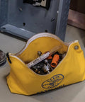 Large 16-Inch Canvas Tool Pouches 3-Pack with Brass Zippers and Hanging Grommets, Durable No 8 Canvas, Yellow pouch in use