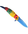 Colorful Parrot Pattern Folding Pocket Knife With Gradient Parrot-Scale Handle, 3-Inch Blue Coated Blade, 7.7 Inch Overall, Lightweight EDC