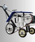 Yokoma Hand Push Sand Belt Machine For Weld Grinding showing dimensions and design features including rubber drive wheel and motor.