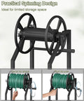 4-Spike Garden Hose Reel with 3.9 Ft Leader Hose and Stainless Fitting, showing spinning design and green hose
