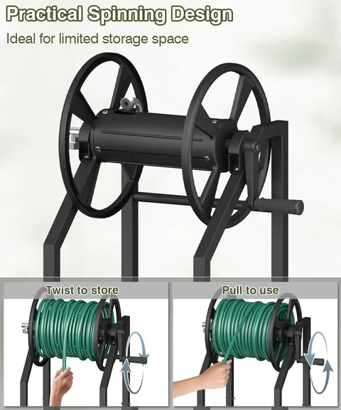 4-Spike Garden Hose Reel with 3.9 Ft Leader Hose and Stainless Fitting, showing spinning design and green hose