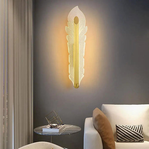 Hella Smooth Game Changing Geometric LED Wall Sconce With Dope Phoenix Tail Design And Acrylic Shade in soft illumination beside a sofa.