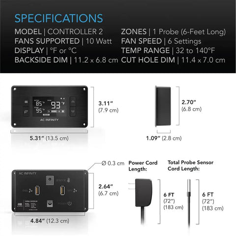 Dimensions and specifications for AirPlate T3 Crazy Quiet 6 Inch Cooling Fan System With Thermostat Control and digital display.