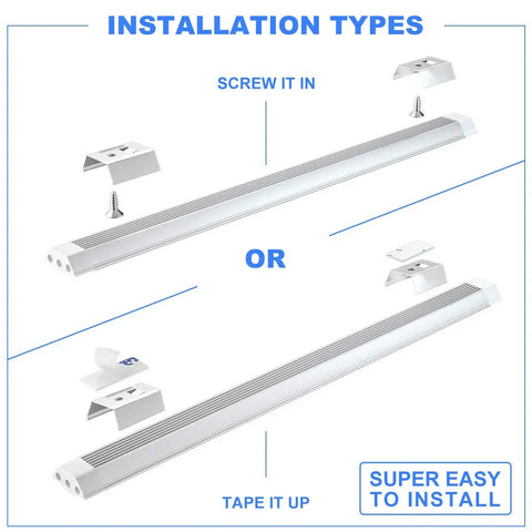 Under Cabinet LED Light Bar 12 Inch Touch Activated And Dimmable Aluminum Fixture showing screw and tape installation options.