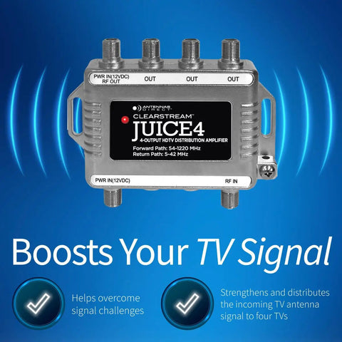Juice4 Distribution Amplifier Delivers Strong Free To Air TV Signal To Four Televisions For CATV Systems Power Supply And Coaxial Cable Included ATSC 3.0 NextGen Ready 4K 8K Ready, showing close-up of the amplifier with four output ports against a blue background.