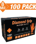 Tough As Nails Eight Mil Orange Nitrile Work Gloves With Raised Diamond Texture For Heavy Duty Industrial Tasks Puncture Proof Grease Resistant Latex Free Powder Free Large Size Pack Of One Hundred in box.