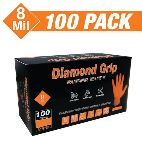 Tough As Nails Eight Mil Orange Nitrile Work Gloves With Raised Diamond Texture For Heavy Duty Industrial Tasks Puncture Proof Grease Resistant Latex Free Powder Free Large Size Pack Of One Hundred in box.