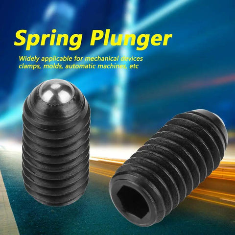 Pro-Grade M6 Carbon Steel Ball Nose Spring Plungers Hex Socket Locking Pins Ten Pack showing two plungers with spherical caps.