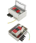Two String PV Combiner Box For Solar Systems, 600V DC, IP65 Waterproof, on display with visible internal components
