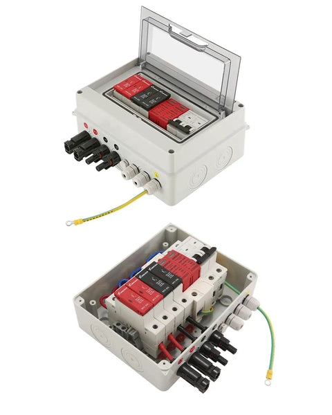 Two String PV Combiner Box For Solar Systems, 600V DC, IP65 Waterproof, on display with visible internal components