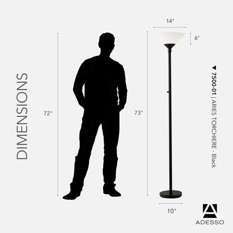 Image showing dimensions of Black Torchiere Floor Lamp With Frosted Shade, 300W Dual Socket, 73 Inch Tall next to human silhouette.