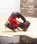 Snag This 20V Cordless Jigsaw With Battery And Fast Charger For Knocking Out Clean Straight And Curved Cuts Heavy Duty Workhorse Power Saw on plywood.