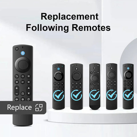Replacement Remote For Fire Stick 4K Max 4K HD Firestick 3rd Gen TV Cube Insignia And Toshiba Smart TVs With Voice Control Easy Setup No Fuss No Pairing Needed, displayed with multiple remotes in background.