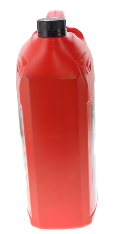 Side view of Ford Mercon LV Automatic Transmission Fluid 5 Quart Bottle, red color, with black cap for Ford transmissions.