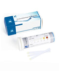 Chlorine Test Strips 0-500 PPM Pack of 100 for Restaurant Sanitizers, with box and strips visible.