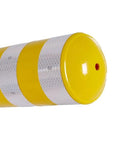 Close-up of Straight Up Heavy Duty Removable Safety Bollard With Three Reflective Stripes for Driveway and Parking Lot Vehicle Control.