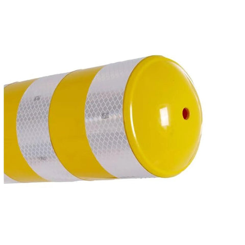 Close-up of Straight Up Heavy Duty Removable Safety Bollard With Three Reflective Stripes for Driveway and Parking Lot Vehicle Control.
