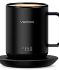 Smart AI Temp Control Heated Coffee Mug With Auto Beverage Detection Keeps Your Espresso Straight Up Smooth And Hella Toasty Through Lazy Weekend Vibes And Daily Grinds, 12oz black stainless steel mug with temperature display.