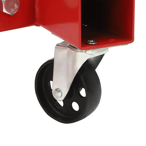 Close-up of a rubber caster wheel on a Heavy Duty 2 Ton Folding Engine Hoist With Rock Hard Carbon Steel Construction.