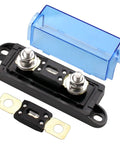 Heavy Duty 175 Amp Bolt Down Fuse Block With Mega Anl Auto Fuse For Ride Ready Rides, showcasing terminal and blue cover.
