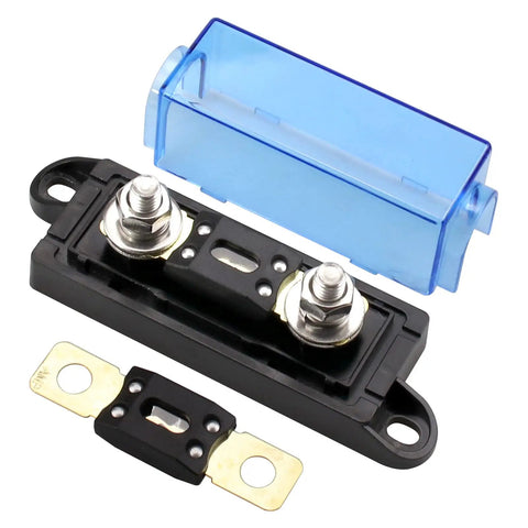 Heavy Duty 175 Amp Bolt Down Fuse Block With Mega Anl Auto Fuse For Ride Ready Rides, showcasing terminal and blue cover.