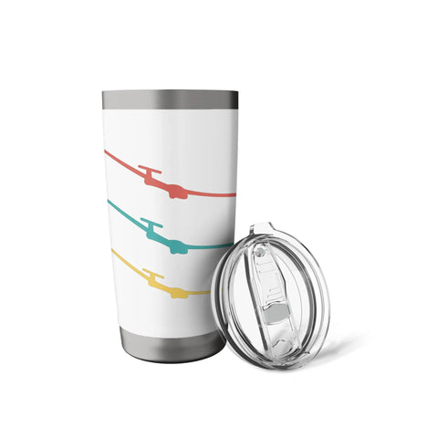 Insulated Stainless Steel Tumbler For Glider Pilots And Aviation Nerds with colorful glider graphics, shown with lid off.