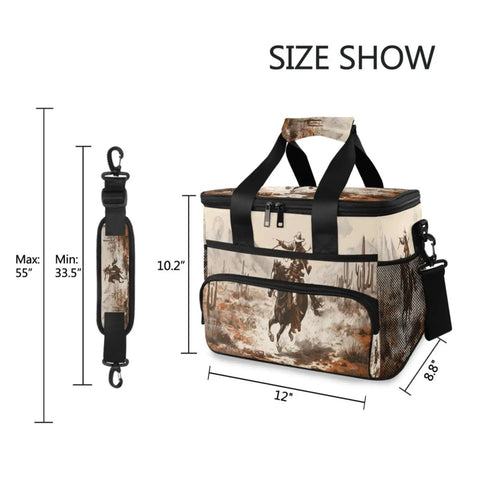 Desert Cowboy Inspired Insulated Lunch Bag with Adjustable Shoulder Strap 15L Cooler Tote showing dimensions and design details