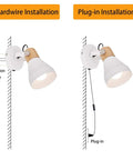 Wooden Plug In Wall Sconce Set Of 2 Matte White Chic Rotatable 360 Degree Wall Lamps With On Off Cord Switch installation types