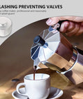 Pouring coffee from mocha pot with Two Pack Aluminum Coffee Pot Spout Cover Splash Guard For Espresso And Mocha Pots No Mess Spills Easy Fit