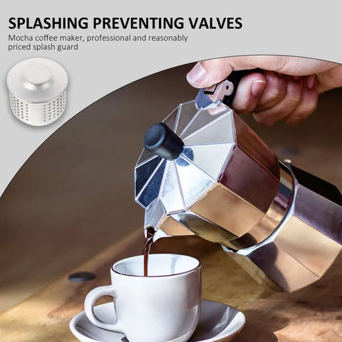 Pouring coffee from mocha pot with Two Pack Aluminum Coffee Pot Spout Cover Splash Guard For Espresso And Mocha Pots No Mess Spills Easy Fit