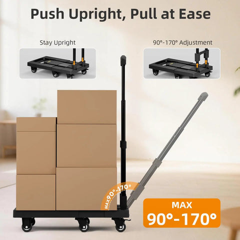 No Assembly Folding Hand Truck Dolly Cart With 440 Lb Capacity shown upright with boxes and adjustable handle in use.