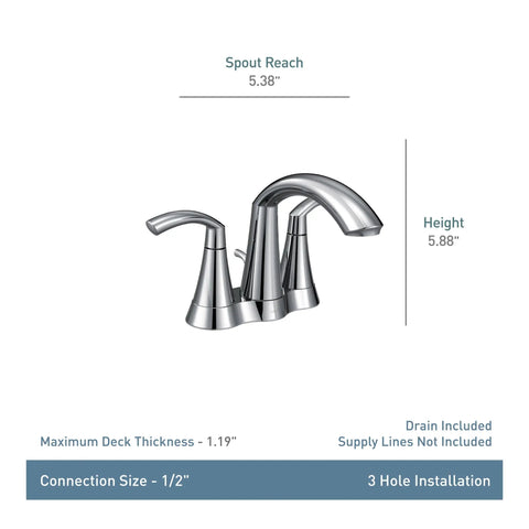 Glyde Chrome Two Handle High Arc Centerset Bathroom Faucet With Sleek Finish Easy Flow Levers shown with dimensions