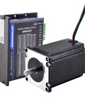 NEMA 23 stepper motor with DM542T driver CNC kit, front view; black housing, silver mounting plate