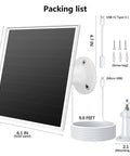 Packing list for 6W Outdoor Security Camera Solar Panel With Micro USB And USB C Port For Battery Cameras Fast Charging 5V DC Output IP65 Weatherproof 360 Degree Adjustable Mount 9.8 Foot Cable Compatible With Wyze And Reolink showing solar panel, cables, and mounting bracket.