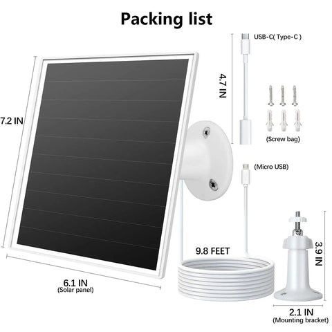 Packing list for 6W Outdoor Security Camera Solar Panel With Micro USB And USB C Port For Battery Cameras Fast Charging 5V DC Output IP65 Weatherproof 360 Degree Adjustable Mount 9.8 Foot Cable Compatible With Wyze And Reolink showing solar panel, cables, and mounting bracket.