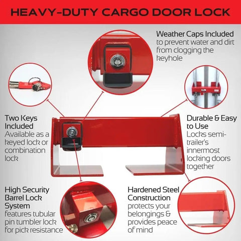 Heavy Duty Cargo Door Lock For Shipping Containers And Semi Trailers Powder Coated Steel Security Fits Vertical Door Bars 9 To 16 Inches Keyed Differently Durable Semi Truck Storage Lock shown with features and use instructions.