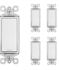 15 Amp Rocker Wall Switch 3 Way Decorator Light Switches White 120 277V Pack Of 5, front view of all switches