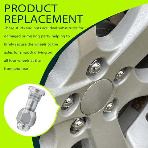 Close-up of wheel with 2 Pack Wheel Stud Bolt Kit With Lug Nuts M12x1.5 For Santa Fe Sonata Rio Sportage, rust proof, easy install.