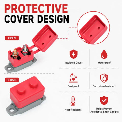 4 Pack 30amp Automatic Reset Circuit Breaker With Cover Dc 12V To 24V Resettable Overload Protector showing open protective cover design.