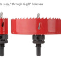 Front view of two red 7/16" shank hole saw arbors with black quick-change collars and pilot bits