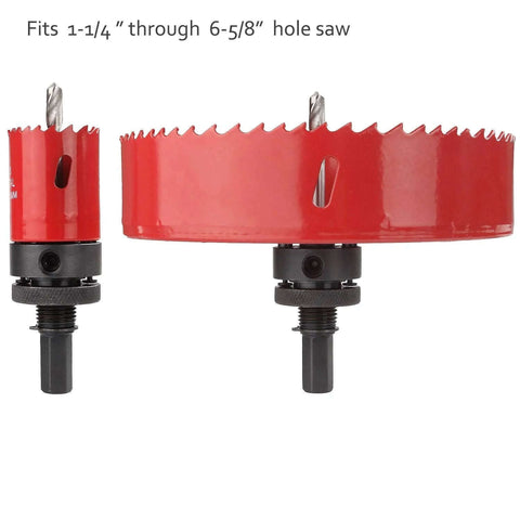 Front view of two red 7/16" shank hole saw arbors with black quick-change collars and pilot bits
